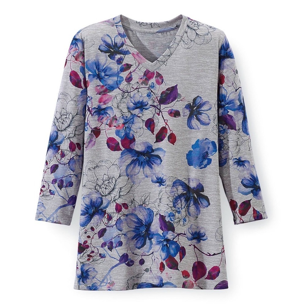 New Northstyle Watercolor Floral Knit Top – Grey with Watercolor Florals – Small